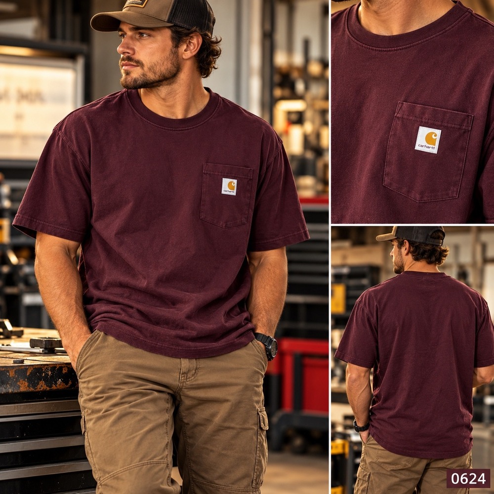 Carhartt Loose Fit Pocket T-Shirt Mens Large Burgundy Maroon K87 Workwear 0624